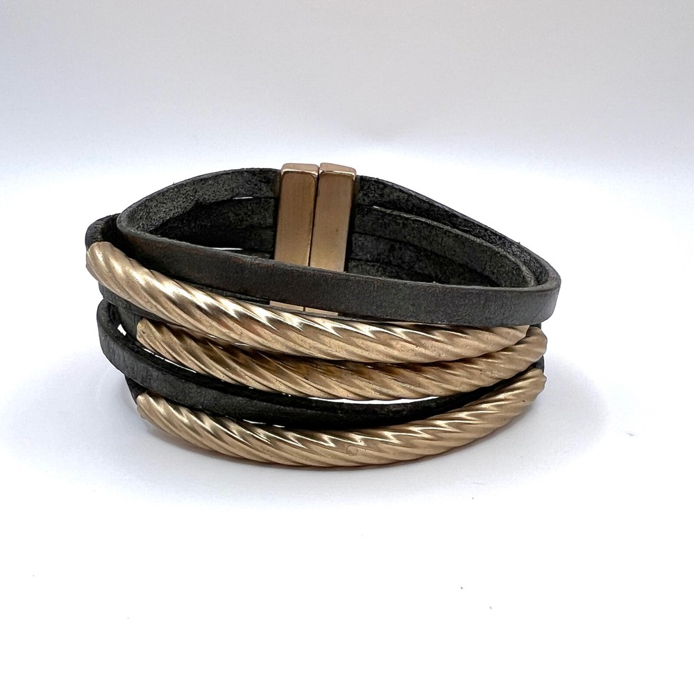 Saachi Leather Wrap Bracelet Gold Tone Multi Strand Magnetic Clasp Grey Boho